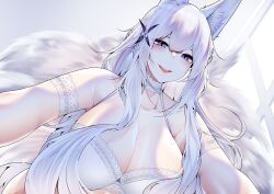 Rule 34 | 1girl, :d, absurdres, animal ears, azur lane, breasts, choker, cleavage, commentary, flower, fox ears, fox tail, hair flower, hair ornament, highres, large breasts, open mouth, purple eyes, samip, shinano (azur lane), smile, solo, tail, underwear, white choker, white hair