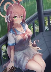 Rule 34 | 1girl, absurdres, ahoge, arms at sides, blue archive, blush, book, bow, bowtie, braid, breasts, cleavage, e buki, feet out of frame, flower, green eyes, hair bow, hanako (blue archive), highres, large breasts, long hair, looking at viewer, outdoors, pink hair, pouch, rain, sailor, sailor collar, shirt, sitting, skirt, smile, solo, thighs, wet, wet clothes, wet shirt, white skirt, wristband