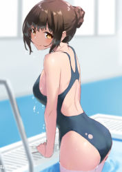 Rule 34 | 1girl, ass, black one-piece swimsuit, brown eyes, brown hair, commentary request, competition swimsuit, cowboy shot, from behind, hair bun, indoors, jonsun, long hair, looking at viewer, one-piece swimsuit, original, pool ladder, poolside, single hair bun, smile, solo, split mouth, swimsuit, wet, window