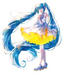 Rule 34 | 1girl, absurdly long hair, aqua nails, arm tattoo, bare shoulders, blue eyes, blue hair, bow, crying, crying with eyes open, dress, footwear bow, hair between eyes, hands on own chest, hatsune miku, highres, layered dress, long hair, looking at viewer, smile, solo, standing, tattoo, tears, twintails, two-tone dress, very long hair, vocaloid, white background, white dress, white footwear
