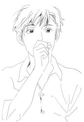Rule 34 | 1boy, close-up, covered mouth, dress shirt, greyscale, male focus, monochrome, shimura takako, shirt, simple background, solo, upper body, white background