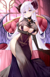 Rule 34 | 1girl, absurdres, albion (azur lane), albion (silvermoon faerie princess) (azur lane), arm under breasts, azur lane, bat wings, black dress, black gloves, black horns, breast hold, breasts, closed mouth, clothing cutout, covered erect nipples, covered navel, demon girl, demon horns, demon wings, dress, elbow gloves, feet out of frame, fur-trimmed gloves, fur trim, gem, gloves, gold trim, heart, highres, horns, huge breasts, indoors, long dress, long hair, looking at viewer, no bra, no panties, official alternate costume, pelvic curtain, pointy ears, purple eyes, red gemstone, revision, side slit, sideless outfit, solo, thighs, tina (tinafya), underboob, underboob cutout, very long hair, white hair, wings