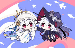Rule 34 | 2girls, arknights, black dress, black headwear, black veil, blue background, chibi, commentary request, dress, dual persona, empty eyes, fish, grey hair, long hair, multicolored background, multiple girls, outstretched hand, pink background, red eyes, signature, soppos, specter (arknights), specter the unchained (arknights), specter the unchained (born as one) (arknights), veil, white dress, white headwear