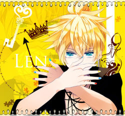 Rule 34 | 1boy, arms up, asrhion, blonde hair, blue eyes, bottle, clock, crown, fingernails, heart, kagamine len, key, male focus, nail polish, open clothes, open shirt, ponytail, puzzle piece, shirt, sleeves rolled up, solo, sparkle, text focus, vocaloid