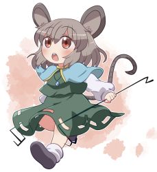 Rule 34 | 1girl, animal ears, black dress, black footwear, blue capelet, blush, capelet, dowsing rod, dress, full body, grey hair, hair between eyes, holding, jewelry, long sleeves, mouse ears, mouse tail, nazrin, open mouth, pendant, red eyes, rokugou daisuke, shoes, short hair, signature, solo, split mouth, tail, touhou, white legwear
