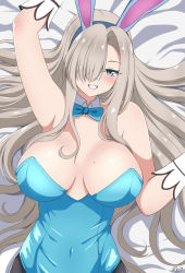 Rule 34 | 1girl, animal ears, asuna (blue archive), asuna (bunny) (blue archive), bed, blonde hair, blue archive, blue eyes, bow, bowtie, breasts, gloves, highres, image sample, large breasts, leotard, long hair, official alternate costume, pantyhose, pixiv sample, playboy bunny, rabbit ears, reia 76, smile, solo, traditional bowtie