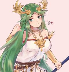 Rule 34 | 1girl, ancient greek clothes, armlet, artist name, bare shoulders, breasts, chain, chiton, circlet, cleavage, collarbone, dress, forehead jewel, gold chain, green eyes, green hair, highres, holding, holding staff, jewelry, kid icarus, kid icarus uprising, large breasts, long hair, neck ring, nintendo, palutena, parted bangs, pendant, purrlucii, solo, staff, strapless, strapless dress, vambraces, very long hair, white dress