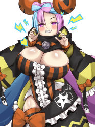 Rule 34 | 1girl, adapted costume, breasts, cleavage, creatures (company), game freak, halloween, highres, hizakake, huge breasts, iono (pokemon), large breasts, multicolored hair, nintendo, oversized clothes, pink hair, pokemon, pokemon sv, solo, star (symbol), star in eye, symbol in eye, thighs, very long sleeves, x