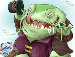 Rule 34 | 1boy, 1girl, blue skin, colored skin, gradient background, green skin, gun, hat, unworn hat, unworn headwear, jewelry, league of legends, licking lips, no pupils, open mouth, ring, saliva, size difference, sweatdrop, tahm kench, teeth, tongue, tongue out, top hat, tristana, vilde loh hocen, weapon, white hair, yellow eyes, yordle