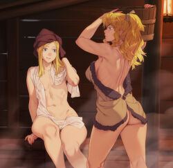 Rule 34 | 2girls, ass, blonde hair, blue eyes, breasts, bucket, commentary, contrapposto, english commentary, feguimel, from behind, hair between eyes, helga (vinland saga), highres, indoors, lantern, long hair, medium breasts, mother and daughter, multiple girls, naked towel, navel, ponytail, sauna, sidelocks, signature, sitting, small breasts, smile, steam, straight hair, sweat, towel, vinland saga, wide hips, wooden bucket, wooden wall, ylva