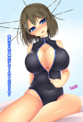 Rule 34 | 10s, 1girl, bad id, bad pixiv id, blue eyes, blush, breasts, brown hair, covered navel, front zipper swimsuit, head tilt, huge breasts, kantai collection, looking at viewer, love handles, maya (kancolle), meme attire, one-piece swimsuit, personification, plump, rigging, sitting, solo, swimsuit, translated, tsurime, unzipping, yahiro (anhnw)