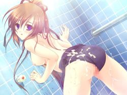 Rule 34 | 1girl, against wall, ass, breasts, brown hair, censored, clothing aside, cum, cum on ass, cum on body, cum on clothes, cum on lower body, cum on upper body, game cg, irie mitsuki, jpeg artifacts, long hair, medium breasts, mosaic censoring, nipples, one-piece swimsuit, ponytail, purple eyes, pussy, satou satoru, showering, solo, swimsuit, swimsuit aside, topless, tsukushite ageru no ni!, wet