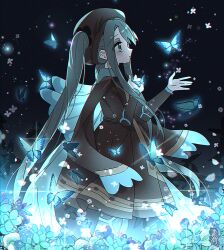 Rule 34 | 1girl, animal print, aqua hair, brown dress, brown headwear, bug, bug miku (project voltage), butterfly, butterfly print, creatures (company), crying, crying with eyes open, dress, eyeshadow, field, flower, flower field, from side, game freak, hair through headwear, hand on own chest, hatsune miku, insect, long hair, makeup, nintendo, pokemon, project voltage, sidelocks, soha blan, tears, twintails, very long hair, vocaloid