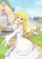 Rule 34 | 1girl, :d, absurdres, ahoge, akai toshifumi, blonde hair, church, cloud, day, dress, elbow gloves, fountain, gloves, green eyes, highres, hoshii miki, idolmaster, idolmaster (classic), long hair, looking at viewer, official art, open mouth, scan, sky, smile, solo, veil, wedding dress, white gloves