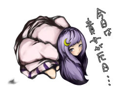 Rule 34 | ..., 1girl, blush, crescent, crescent hair ornament, expressionless, female focus, hair ornament, hetareya, laboto, long hair, looking at viewer, no headwear, patchouli knowledge, purple eyes, purple hair, simple background, solo, text focus, touhou, white background