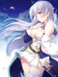 Rule 34 | 1girl, azur lane, bare shoulders, blue eyes, blush, breasts, cleavage, commentary, day, detached sleeves, hand on own chest, highres, itoichi., light purple hair, looking to the side, md5 mismatch, medium breasts, military, military uniform, outdoors, petals, resolution mismatch, rodney (azur lane), skirt, sky, smile, solo, source smaller, sword, thighhighs, uniform, weapon, zettai ryouiki