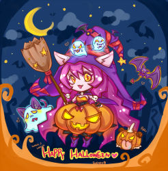 Rule 34 | 1girl, :3, animal ears, bad id, bad pixiv id, bat (animal), braid, broom, cat, cat ears, cat tail, ears through headwear, fang, ghost, hair ornament, halloween, hat, heart, horns, jack-o&#039;-lantern, league of legends, long hair, looking at viewer, lulu (league of legends), mini hat, mini top hat, moon, night, pink hair, pix (league of legends), poro (league of legends), pumpkin, ribbon, skull hair ornament, socks, star (symbol), striped clothes, striped legwear, striped socks, sueyen, tail, tongue, top hat, witch, witch hat, yellow eyes