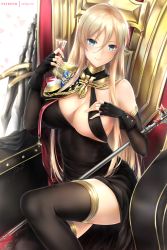 Rule 34 | 1girl, aiguillette, alcohol, azur lane, bare shoulders, bismarck (azur lane), bismarck (beacon of the iron blood) (azur lane), black dress, black gloves, black thighhighs, blonde hair, blue eyes, breasts, buttons, cleavage, closed mouth, cross, cup, dress, drinking glass, fingerless gloves, glint, gloves, hair between eyes, hand up, holding, holding cup, large breasts, long hair, looking at viewer, rei kun, sitting, smile, solo, staff, sword, thighhighs, throne, weapon, wine, wine glass
