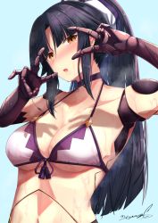Rule 34 | 1girl, :o, android, armpits, arms up, bikini, black hair, blue background, blush, breasts, brown eyes, cleavage, collarbone, double v, fate/grand order, fate (series), front-tie bikini top, front-tie top, high ponytail, joints, katou danzou (fate), long hair, looking at viewer, medium breasts, navel, open mouth, parted bangs, ribbon, robot joints, sebire, sidelocks, signature, simple background, solo, steaming body, straight hair, sweat, swimsuit, tassel, underboob, upper body, v, v over eye, very long hair, white bikini, yellow ribbon