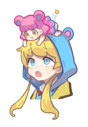 Rule 34 | 2girls, :d, animal ears, animal hood, blonde hair, blue eyes, cropped shoulders, fugota6509, highres, hood, hood up, kiracchu (pri chan), kiratto pri chan, long hair, looking at another, looking down, looking up, lying, mini person, minigirl, moegi emo, mouse ears, multiple girls, on head, on stomach, open mouth, pink footwear, pink hair, pretty series, shoes, short hair, simple background, smile, star-shaped pupils, star (symbol), symbol-shaped pupils, tail, upper body, white background, yellow eyes