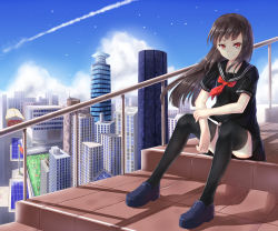 Rule 34 | 1girl, black hair, black serafuku, black skirt, black thighhighs, blue sky, building, cityscape, closed mouth, cloud, collarbone, commentary request, contrail, day, flag, full body, grass, ji dao ji, loafers, long hair, looking at viewer, neckerchief, original, outdoors, railing, red eyes, red neckerchief, school uniform, serafuku, shadow, shoes, short sleeves, sitting, skirt, sky, skyscraper, smile, solar panel, solo, stairs, straight hair, striped clothes, striped skirt, thighhighs, wind