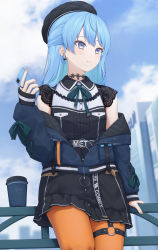 Rule 34 | 1girl, black choker, black dress, blue eyes, blue hair, blue sky, cellphone, choker, cloud, day, dress, earrings, hat, highres, holding, holding phone, hololive, hoshimachi suisei, hoshimachi suisei (streetwear), jacket, jewelry, long sleeves, o-ring, o-ring thigh strap, open clothes, open jacket, orange pantyhose, outdoors, pantyhose, phone, sky, sleeves past wrists, smartphone, solo, thigh strap, virtual youtuber, yihsien