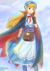 Rule 34 | 1girl, apron, bag, blonde hair, blue hat, bow, cape, character name, curly hair, dress, gloves, goggles, goggles on head, hat, highres, kari avalon, long hair, marivel armitage, pantyhose, pointy ears, red eyes, ribbon, smile, solo, standing, watermark, web address, wild arms, wild arms 2