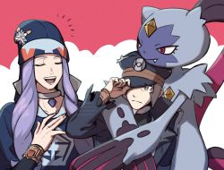 Rule 34 | 2boys, :d, absurdres, black coat, black headwear, blue jacket, bracelet, closed eyes, closed mouth, coat, collar, commentary request, creatures (company), facial hair, floral print, game freak, goatee, grey eyes, grey hair, hand on headwear, hat, high collar, highres, ingo (pokemon), jacket, jewelry, long hair, long sideburns, male focus, melli (pokemon), mugiccha2, multiple boys, nintendo, open mouth, peaked cap, pokemon, pokemon (creature), pokemon legends: arceus, pokemon on back, purple hair, short hair, sideburns, smile, sneasler, teeth, tongue, trench coat