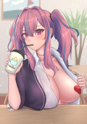 Rule 34 | 1girl, azur lane, black cardigan, blush, breasts, bremerton (azur lane), cardigan, collarbone, collared shirt, commentary request, covered erect nipples, cup, disposable cup, drinking, drinking straw, drinking straw in mouth, ear piercing, exhibitionism, flashing, grey hair, hair between eyes, hair intakes, heart pasties, highres, holding, holding cup, indoors, jewelry, juuichiban, large breasts, long hair, looking at viewer, mole, mole on breast, mole under eye, multicolored hair, necklace, open cardigan, open clothes, open shirt, oppai challenge, pasties, piercing, pink eyes, pink hair, public indecency, school uniform, shirt, sidelocks, sitting, sleeves rolled up, solo, streaked hair, table, twintails, two-tone hair, upper body, white shirt