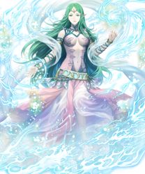 Rule 34 | 1girl, armlet, asatani tomoyo, bare shoulders, belt, bracelet, breasts, closed mouth, dress, fingernails, fire emblem, fire emblem: mystery of the emblem, fire emblem awakening, fire emblem heroes, full body, gem, green eyes, green hair, hands up, highres, jewelry, lips, long hair, looking at viewer, matching hair/eyes, medium breasts, naga (fire emblem), navel, nintendo, non-web source, official art, pale skin, parted bangs, pointy ears, sleeveless, sleeveless dress, solo, stomach, tiara, transparent background, turtleneck