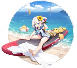 Rule 34 | 1girl, azur lane, bare arms, barefoot, beach, blue eyes, blue hair, blue sky, blush, bracelet, byulzzi, character name, cloud, cloudy sky, collarbone, day, expressions, feet, flower, full body, hair flower, hair ornament, highres, jewelry, legs, libeccio (azur lane), libeccio (beachbound southwestern wind!) (azur lane), lighthouse, manjuu (azur lane), multicolored hair, ocean, official art, open mouth, outdoors, salute, school swimsuit, shore, short hair, silver hair, sitting, sky, smile, sunflower, sunflower hair ornament, surfboard, swimsuit, toes, towel, transparent background, water