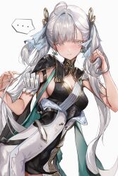 Rule 34 | ..., 1girl, :&gt;, absurdres, ahoge, blush, breasts, cleavage, closed mouth, colored eyelashes, commentary request, dress, grey eyes, grey hair, hair ornament, highres, holding, holding own hair, impossible clothes, jinhsi (wuthering waves), korean commentary, kuren kren, long hair, looking at viewer, medium breasts, mole, mole under eye, multicolored clothes, pinky out, sideboob cutout, simple background, solo, spoken ellipsis, sweat, twintails, upper body, white background, wuthering waves