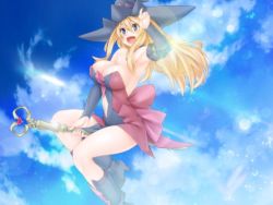 Rule 34 | 1girl, 23 (real xxiii), bare shoulders, blonde hair, blue eyes, blush, breasts, cleavage, female focus, hat, huge breasts, long hair, navel, open mouth, original, sitting, smile, solo, witch hat