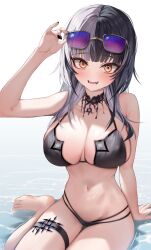 Rule 34 | 1girl, black hair, breasts, cleavage, fangs, highres, hololive, hololive english, large breasts, looking at viewer, multicolored hair, open mouth, shiori novella, shiori novella (1st costume), shuvi (shuvi1125), smile, solo, streaked hair, swimsuit, virtual youtuber, white hair, yellow eyes