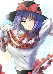 Rule 34 | 1girl, black hat, bow, capelet, frilled capelet, frills, hat, hat bow, highres, long sleeves, looking at viewer, medium hair, nagae iku, purple hair, red eyes, shirt, smile, solo, teeth, touhou, upper body, white shirt, y2