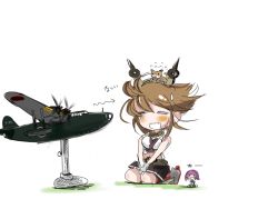 Rule 34 | 2girls, aircraft, airplane, animal, animal on head, breasts, brown hair, commentary request, dog, closed eyes, fairy (kancolle), flying boat, gloves, h8k, hairband, headgear, kantai collection, large breasts, midriff, miniskirt, multiple girls, mutsu (kancolle), on head, piitan2 mokotan, radio antenna, seaplane, seiza, short hair, simple background, sitting, skirt, translation request, white background, white gloves