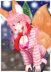 Rule 34 | 1girl, animal ear fluff, animal ears, artist request, black legwear, blush, bra, breasts, christmas, christmas lights, christmas ornaments, christmas tree, cleavage, closed eyes, fate/extella, fate/extra, fate/extra ccc, fate/grand order, fate (series), fox ears, fox girl, fox tail, highres, large breasts, official alternate costume, open clothes, open shirt, outdoors, pink bra, pink hair, snow, solo, tail, tamamo (fate), tamamo no mae (fate/extra), tamamo no mae (spring casual) (fate), underwear, yellow eyes