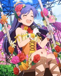 Rule 34 | 1girl, blue hair, card (medium), closed eyes, cloud, flower, holding, holding microphone, idolmaster, idolmaster million live!, idolmaster million live! theater days, kisaragi chihaya, microphone, official art, open mouth, rose, sitting, solo, stage lights, swing