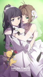 Rule 34 | 2girls, antenna hair, arms around neck, black eyes, black hair, blunt bangs, bracelet, breasts, bridal veil, bride, brown hair, cardcaptor sakura, character name, cleavage, closed mouth, collarbone, commentary request, copyright name, cowboy shot, creature, daidouji tomoyo, dress, elbow gloves, english text, female focus, flower, gloves, green background, green eyes, hair flower, hair intakes, hair ornament, high ponytail, highres, hug, jacket, jewelry, kero (cardcaptor sakura), kinomoto sakura, laofuzi dai bansho, long dress, long hair, medium breasts, multiple girls, open mouth, pants, revision, see-through, short hair, sleeveless, sleeveless dress, smile, strapless, strapless dress, veil, wedding dress, white dress, white flower, white gloves, white jacket, white pants, wife and wife, yuri