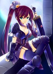 Rule 34 | 1girl, :d, armor, asymmetrical clothes, bad id, bad pixiv id, blue eyes, breasts, cleavage, corset, garter straps, gauntlets, gem, gradient background, greaves, hair ribbon, highres, holding, holding sword, holding weapon, knee pads, large breasts, long hair, looking at viewer, miyashita maka, night, night sky, open mouth, original, ponytail, purple hair, ribbon, sitting, sky, smile, solo, star (sky), starry sky, sword, thighhighs, underbust, very long hair, weapon