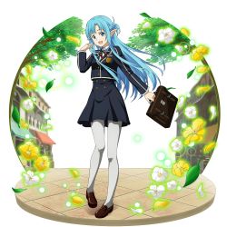 Rule 34 | 1girl, :d, asuna (sao-alo), black jacket, black skirt, blue eyes, blue hair, braid, brown footwear, collared shirt, faux figurine, floating hair, flower, french braid, full body, high-waist skirt, highres, holding, jacket, loafers, long hair, long sleeves, miniskirt, neck ribbon, official art, open mouth, pantyhose, petals, pointy ears, red ribbon, ribbon, shirt, shoes, skirt, smile, solo, standing, sword art online, sword art online: memory defrag, transparent background, very long hair, white flower, white pantyhose, white shirt, wing collar, yellow flower