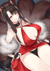 Rule 34 | 1girl, akagi (azur lane), akagi (ruby-laced beauty) (azur lane), akagi (ruby-laced beauty) (azur lane), animal ears, azur lane, bare shoulders, black choker, black gloves, black panties, bow, bow panties, breasts, brown hair, center opening, choker, clothes lift, colored inner hair, dress, dress lift, fingerless gloves, fox ears, fox girl, fox tail, fur, gloves, halter dress, halterneck, highres, large breasts, lifted by self, long hair, looking at viewer, multicolored hair, multiple tails, nightgown, official alternate costume, ootani nonno, panties, parted bangs, parted lips, red dress, red eyes, sitting, smile, solo, tail, underwear, very long hair, white hair