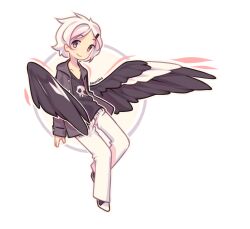 Rule 34 | 1boy, black footwear, black jacket, black shirt, black sleeves, black wings, borrowed character, buttons, circle, closed mouth, feathered wings, full body, hair ornament, hairclip, jacket, kouri (ibubobubo), long sleeves, male focus, open clothes, open jacket, original, pants, pink eyes, shirt, shoes, short hair, skull print, sleeves past wrists, smile, sneakers, solo, transparent background, white hair, white pants, wings
