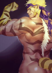 Rule 34 | 1boy, animal ears, another eidos-r, ass, back, back focus, bara, blonde hair, body fur, completely nude, fang, flexing, headband, highres, looking back, male focus, muscular, muscular male, nude, pugi (another eidos), purple headband, sideburns, solo, tail, thick arms, thick eyebrows, tiger boy, tiger ears, tiger stripes, tiger tail, waku (ayamix)