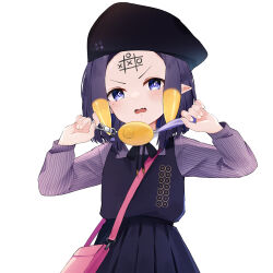 Rule 34 | 1girl, absurdres, bag, beret, blue eyes, blush, crime prevention buzzer, forehead writing, handbag, hat, highres, hololive, hololive english, looking at viewer, lucferz, mole, mole under eye, ninomae ina&#039;nis, ninomae ina&#039;nis (casual), open mouth, pleated skirt, pointy ears, purple hair, short hair, shukusei!! loli-gami requiem, simple background, skirt, solo, tentacle hair, tic-tac-toe, virtual youtuber, white background