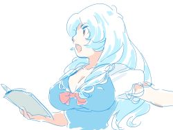 Rule 34 | 1girl, blue dress, book, breasts, brown eyes, cleavage, collarbone, dress, kamishirasawa keine, large breasts, long hair, mitsumoto jouji, neckerchief, no headwear, open mouth, puffy sleeves, shirt, short sleeves, silver hair, simple background, solo, touhou, very long hair, white background