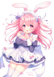 Rule 34 | 1girl, :d, animal ears, apron, black dress, blush, bow, breasts, cherry blossoms, cleavage, commentary request, dated, dress, flower, frilled apron, frilled dress, frills, hair between eyes, hair ribbon, hands up, heart, heart hands, highres, juliet sleeves, large breasts, long hair, long sleeves, looking at viewer, open mouth, original, pink bow, pink flower, pink hair, puffy sleeves, purple ribbon, rabbit ears, red eyes, ribbon, sakura (usashiro mani), signature, simple background, smile, solo, thighhighs, two side up, usashiro mani, very long hair, waist apron, white apron, white background, white thighhighs