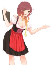 Rule 34 | 1girl, alternate costume, alternate hairstyle, apron, arm up, braid, breasts, cleavage, detached sleeves, dirndl, german clothes, gradient hair, hair over shoulder, hijiri byakuren, leaning forward, looking at viewer, mayoln, medium breasts, multicolored hair, open mouth, ponytail, short hair, short sleeves, simple background, single braid, solo, touhou, traditional clothes, white background, yellow eyes