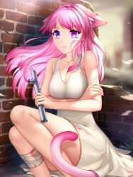 Rule 34 | 1girl, animal ears, arms under breasts, bandages, bare shoulders, blood, blood on clothes, blurry, blurry background, breasts, brick wall, cat ears, cat girl, cleavage, collarbone, curled up, dot nose, dress, gigamessy, heterochromia, holding, holding weapon, improvised weapon, industrial pipe, long hair, medium breasts, original, pink eyes, pink hair, pink tail, purple eyes, scared, sitting, solo, tail, tearing up, tears, thighs, weapon, white dress