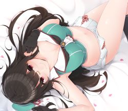 Rule 34 | 1girl, arched back, armpits, bed sheet, black gloves, black socks, blunt bangs, blush, breasts, choukai (kancolle), choukai kai ni (kancolle), cleavage, closed mouth, feet out of frame, glasses, gloves, green vest, hand on own chest, highres, kantai collection, kneehighs, long hair, looking at viewer, lying, medium breasts, miniskirt, navel, on back, on bed, pleated skirt, red ribbon, ribbon, rimless eyewear, shiny skin, skirt, smile, socks, solo, stomach, straight hair, tareme, thighhighs, very long hair, vest, white skirt, yukichi (sukiyaki39)
